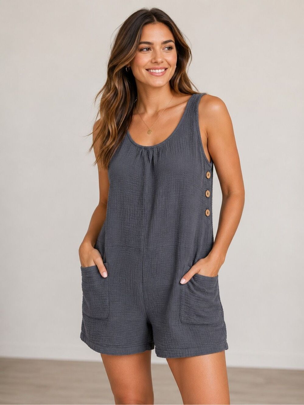 Wishlist Womens Cotton Gauze Romper Medium Blue Gray Pockets Button Side